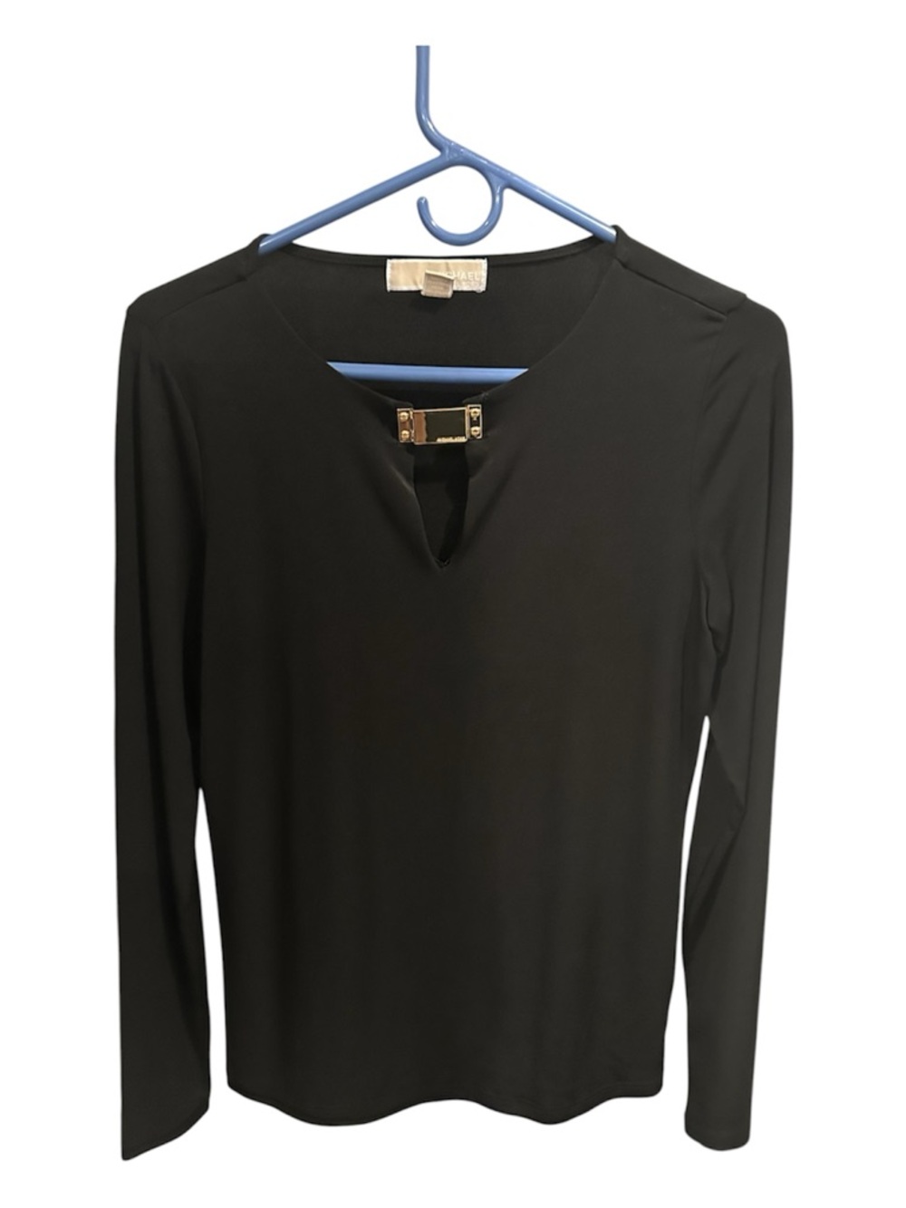 Michael Kors Black Long-Sleeve Top with Gold Neck Bar